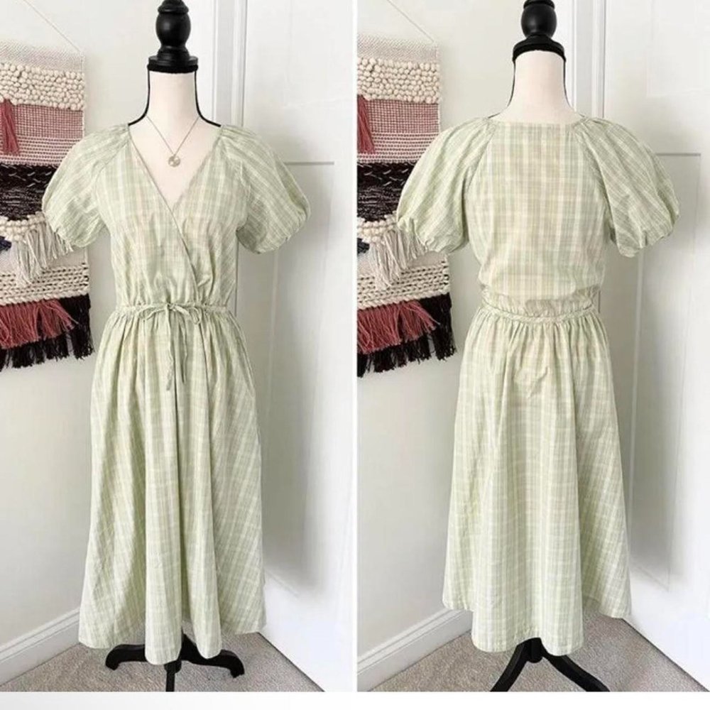 COPY - Madewell V-Neck Plaid Tie Waist Cotton Midi Dress